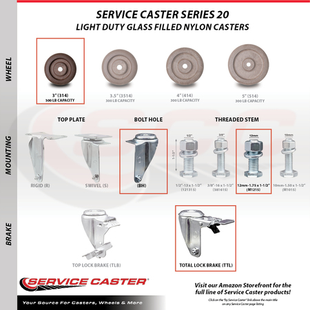 Service Caster 3 Inch High Temp Glass Filled Nylon 12mm Stem Caster Set with Total Lock Brake SCC-TSTTL20S314-GFNSHT-M1215-4